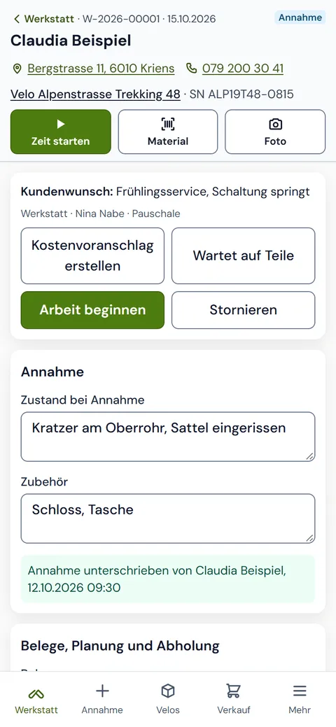 Werkstattauftrag in dxBike auf dem Handy