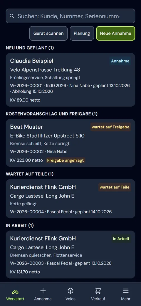 dxBike auf dem Handy: Werkstatt